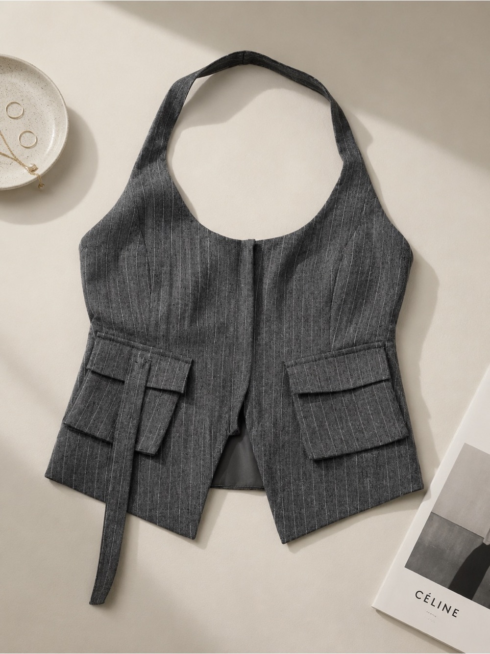 Zara Gray Pinstripe Halter Vest with Pocket Detail